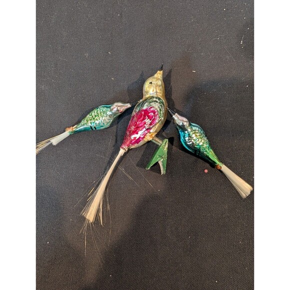 Vintage Glass Bird Clip-On Christmas Ornaments with Spun Glass Tails Set of 3 - Picture 1 of 7